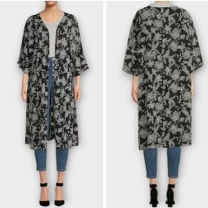 Black And Gray Floral Kimono Cardigan Duster